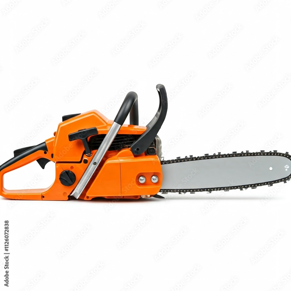 orange chainsaw with silver bar isolated on white background orange chainsaw with silver bar isolated on white background