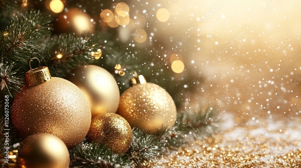 Golden Christmas Ornaments on Evergreen Tree with Snowy Background Golden Christmas Ornaments on Evergreen Tree with Snowy Background