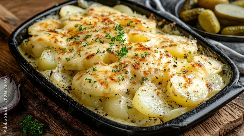 Creamy and Cheesy Potato Gratin Baked with Fresh Herbs and Golden Crust Served in Black Casserole Dish with Pickles on Wooden Table Creamy and Cheesy Potato Gratin Baked with Fresh Herbs and Golden Crust Served in Black Casserole Dish with Pickles on Wooden Table