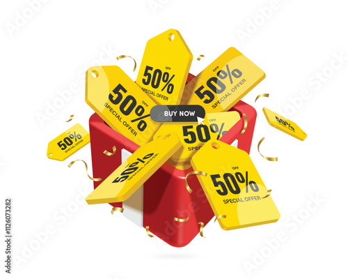 Several yellow 50% off promotion signs overflowed from a red gift box and a buy now button was placed in the middle. for advertising design, vector 3d illustration isolated on white background