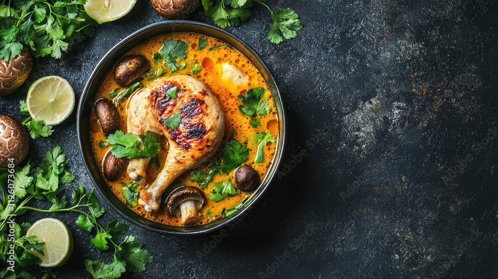 Delicious Chicken Drumstick Cooked in Savory Broth with Herbs and Mushrooms Served in a Bowl Surrounded by Fresh Ingredients and Lime Wedges Delicious Chicken Drumstick Cooked in Savory Broth with Herbs and Mushrooms Served in a Bowl Surrounded by Fresh Ingredients and Lime Wedges