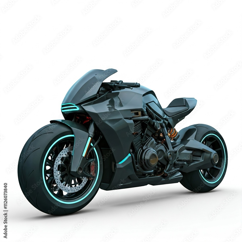 black futuristic motorcycle with blue neon lights on white background 3d render illustration black futuristic motorcycle with blue neon lights on white background 3d render illustration