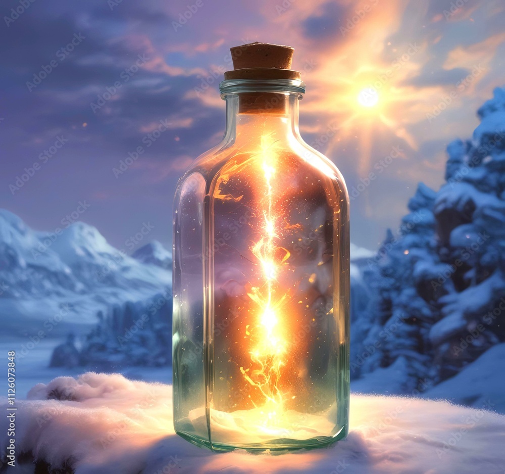 Illustration of bottle with magic spark inside. Illustration of bottle with magic spark inside.