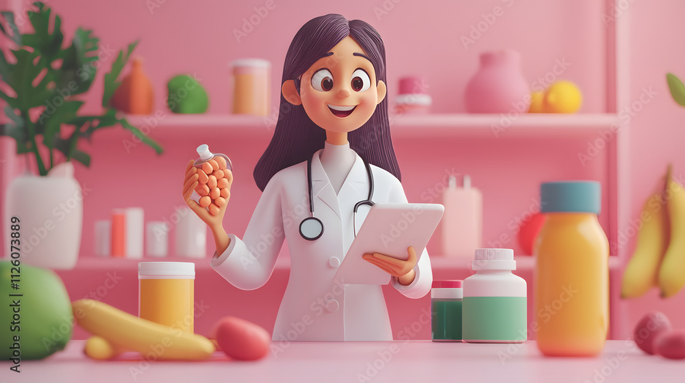 A vibrant 3D cartoon illustration of a smiling nutritionist holding a bottle of supplements and a clipboard, surrounded by colorful fruits, vegetables, and health products A vibrant 3D cartoon illustration of a smiling nutritionist holding a bottle of supplements and a clipboard, surrounded by colorful fruits, vegetables, and health products