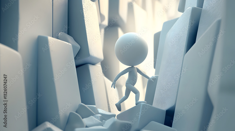 Minimalistic figure exploring a geometric landscape Minimalistic figure exploring a geometric landscape