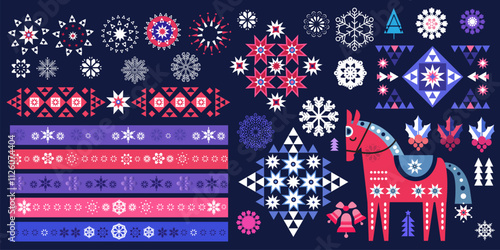 Merry Christmas Happy New Year 2025   Holiday winter nordic decor Vintage scandinavian deer, tree, ball, border, wreath, snowflake Vector  large set icon flat cute illustration