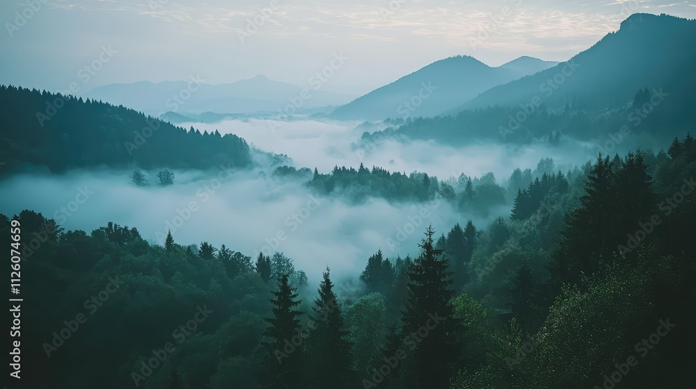 Serene Misty Valley Landscape at Dawn with Rolling Mountains and Lush Green Forests in an Enchanting Atmosphere of Nature’s Tranquility Serene Misty Valley Landscape at Dawn with Rolling Mountains and Lush Green Forests in an Enchanting Atmosphere of Nature’s Tranquility