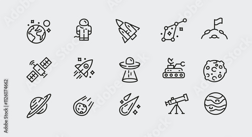 Space icons. Set of 15 space trendy minimal icons. Example: Planet, UFO, Moon, Telescope, Comet icon. Design signs for web page, mobile app, packaging design. Vector illustration.