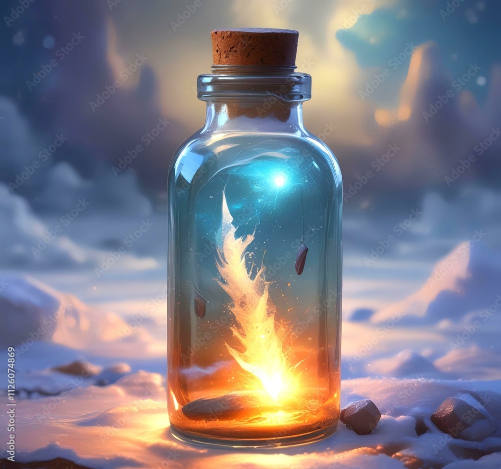 Illustration of bottle with magic spark inside. Illustration of bottle with magic spark inside.