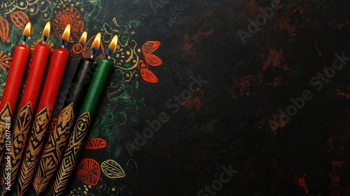 Kwanzaa festival concept with seven candles red, black and green on black background, copy space  photo