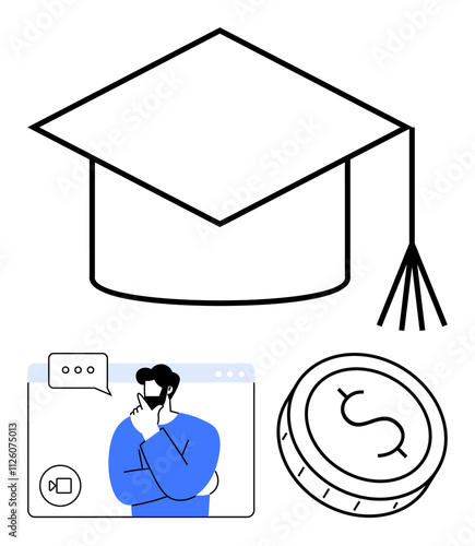 Man in virtual class thinking, graduation cap above, dollar coin indicating financial aspects. Ideal for online education, e-learning platforms, virtual classrooms, financial aid, educational