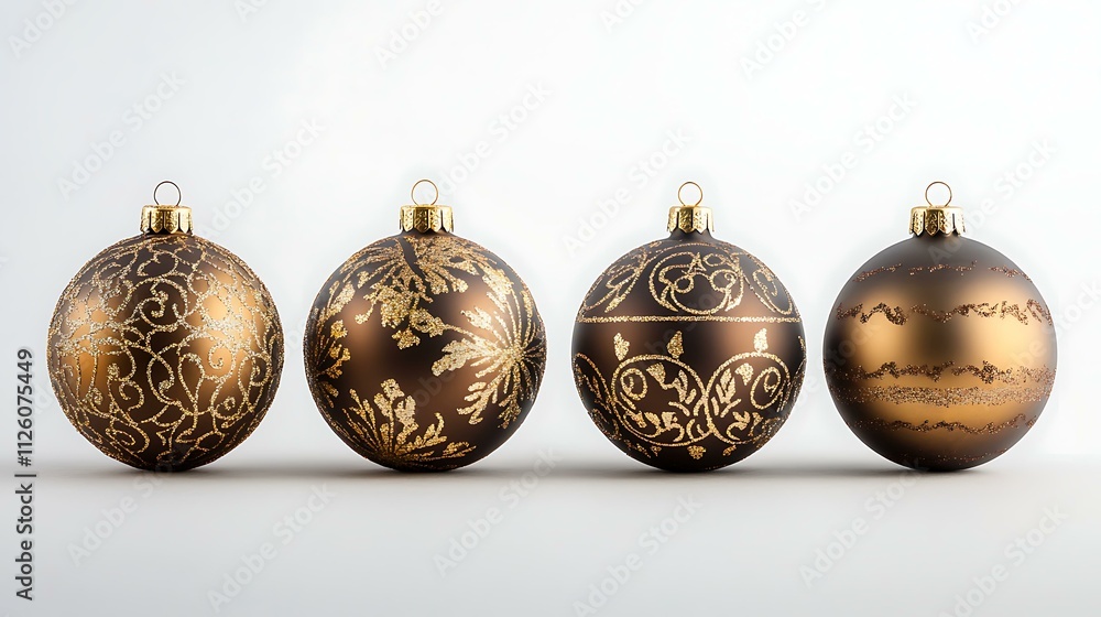 Elegant New Year baubles in gold and bronze tones, decorated with glitter and intricate patterns, displayed on a white background Elegant New Year baubles in gold and bronze tones, decorated with glitter and intricate patterns, displayed on a white background