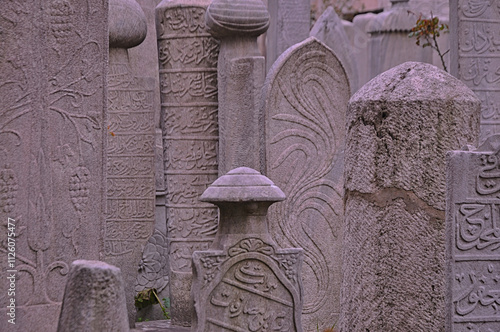 Old Ottoman Tombstones in Sehzade Mosque's Cemetery. Istanbul, Turkey. photo