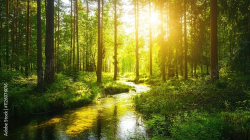 Serene Forest Landscape with Sunlight Filtering Through Tall Trees Over a Tranquil Stream Flowing Gently Through Lush Green Underbrush in a Peaceful Natural Setting