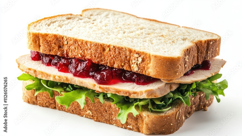Delicious turkey sandwich with fresh lettuce and cranberry sauce layered between two slices of whole grain bread on a clean white background Delicious turkey sandwich with fresh lettuce and cranberry sauce layered between two slices of whole grain bread on a clean white background