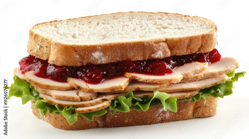 Delicious Turkey Sandwich with Cranberry Sauce and Fresh Lettuce on Whole Wheat Bread Against a Simple White Background Delicious Turkey Sandwich with Cranberry Sauce and Fresh Lettuce on Whole Wheat Bread Against a Simple White Background
