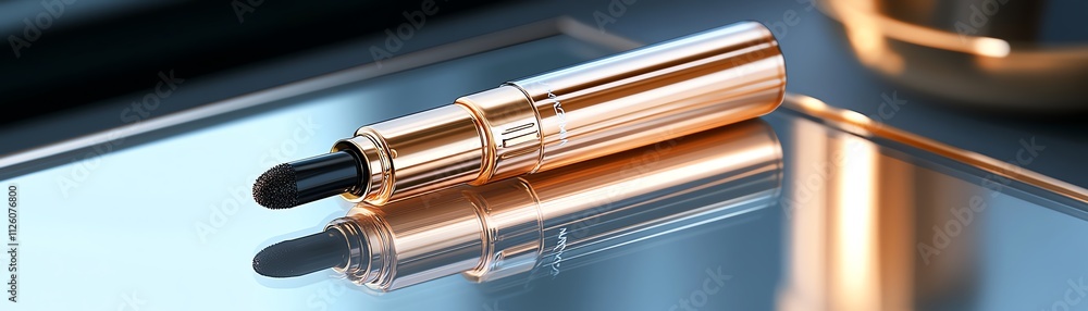 Fototapeta premium A luxury gold mascara tube lying on a mirrored surface