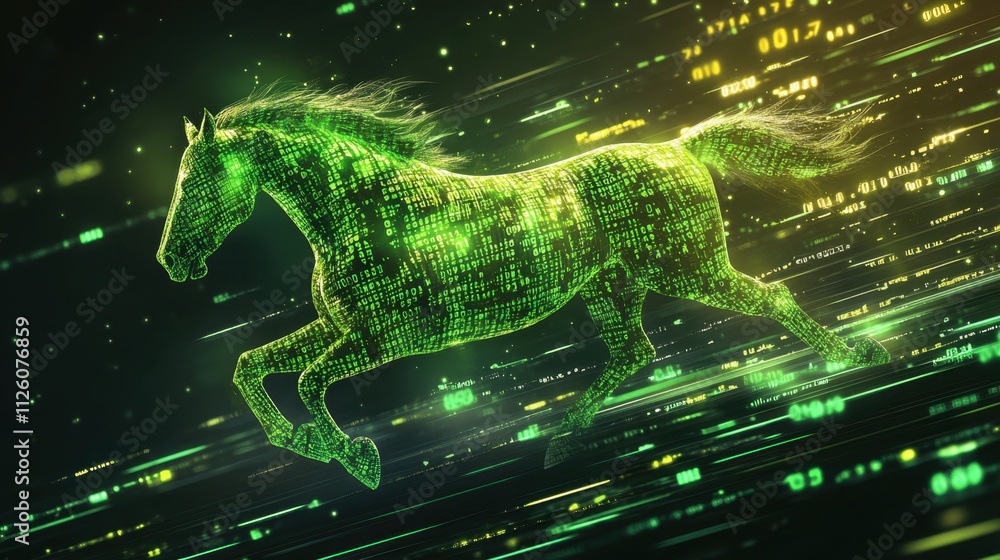 Obraz premium Digital Horse Running with Green Binary Code Background Effects