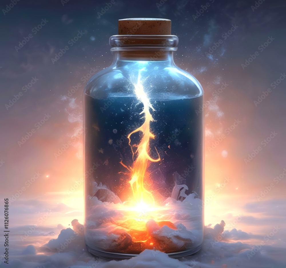 Illustration of bottle with magic spark inside. Illustration of bottle with magic spark inside.
