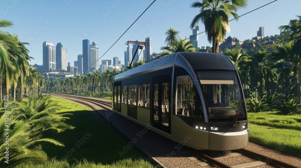 Modern silver tram with palm trees and buildings in sunny scenery Modern silver tram with palm trees and buildings in sunny scenery