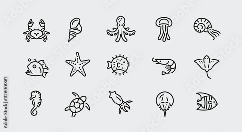Sea life icons. Set of 15 sea life trendy minimal icons. Jellyfish, dolphin, shrimp, octopus, starfish, turtle, shark. Design signs for web page, mobile app, packaging design. Vector illustration