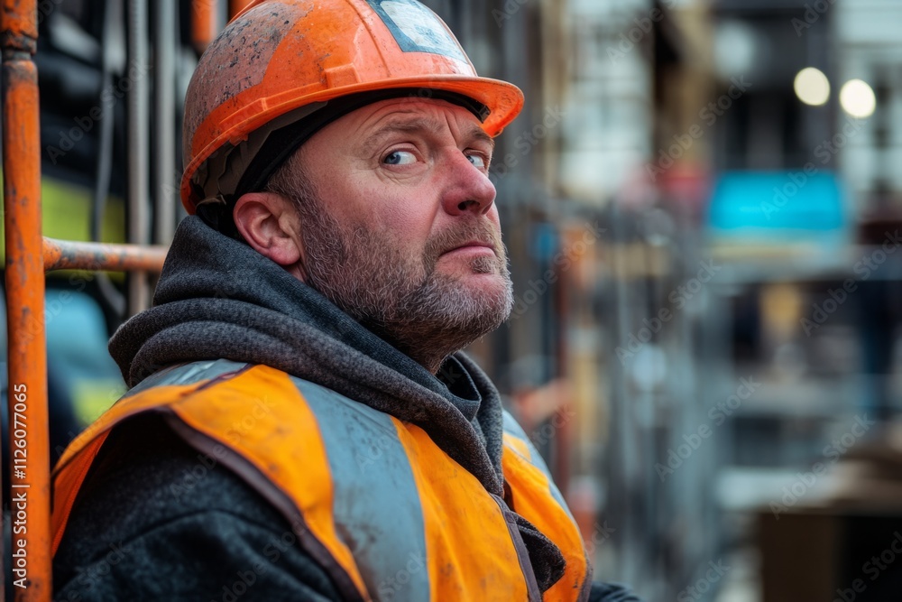 A thoughtful construction worker takes a break on site. He wears an orange safety helmet and vest. The determination is visible in his eyes. Generative AI A thoughtful construction worker takes a break on site. He wears an orange safety helmet and vest. The determination is visible in his eyes. Generative AI