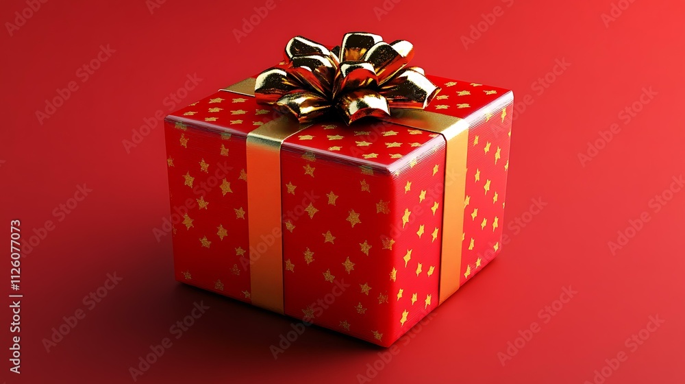 Obraz premium Festive red and gold gift box with a shiny red ribbon, displayed on a bold red background
