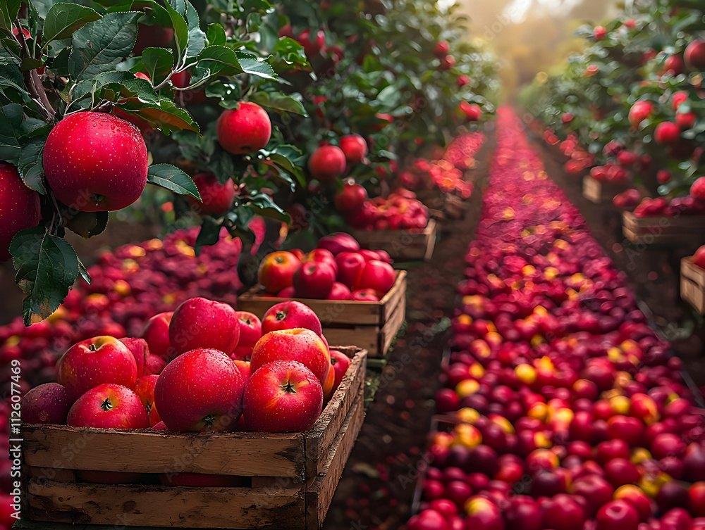 Red Apples Growing in Orchard Rows Red Apples Growing in Orchard Rows