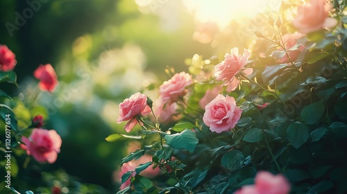 Wallpaper Mural Beautiful Garden with Soft Pink Roses Bathed in Warm Golden Light During Sunset, Creating a Peaceful and Serene Natural Atmosphere in Blooming Landscape Torontodigital.ca