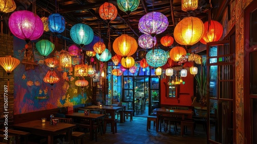 Vibrant and Colorful Restaurant Interior Decorated with Hanging Lanterns in a Cozy and Inviting Atmosphere Perfect for Dining and Socializing Experiences