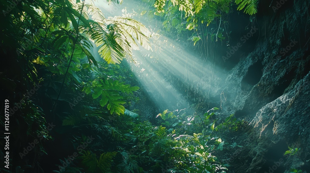 Obraz premium Serene Jungle Landscape Illuminated by Sunlight Filtering Through Thick Green Foliage in a Lush Tropical Forest with Gentle Mist