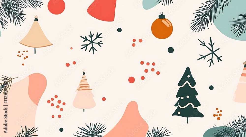 Minimalist Christmas card with simple, abstract illustrations of festive elements arranged on a clean, colorful background Minimalist Christmas card with simple, abstract illustrations of festive elements arranged on a clean, colorful background