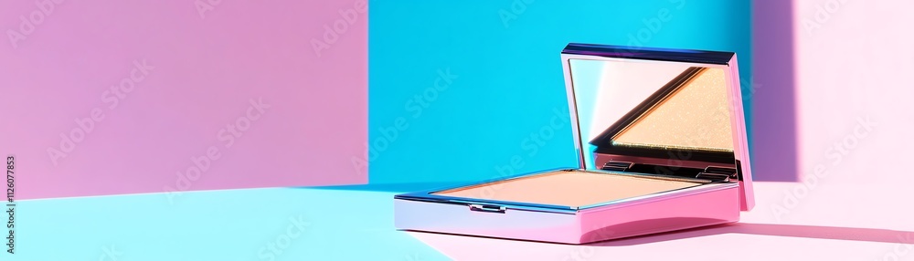 A rainbow highlighter with a holographic compact A rainbow highlighter with a holographic compact