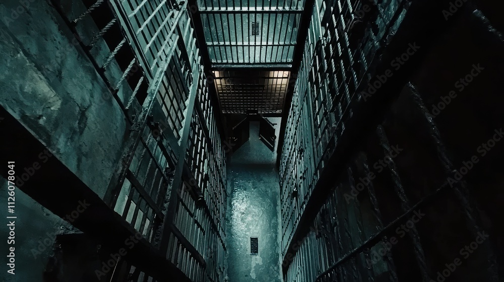 Fototapeta premium Dark and Gloomy Prison Hallway with Metal Bars and a Defunct Atmosphere, Perfect for Capturing Themes of Confinement, Isolation, and Urban Exploration in Stock Photography