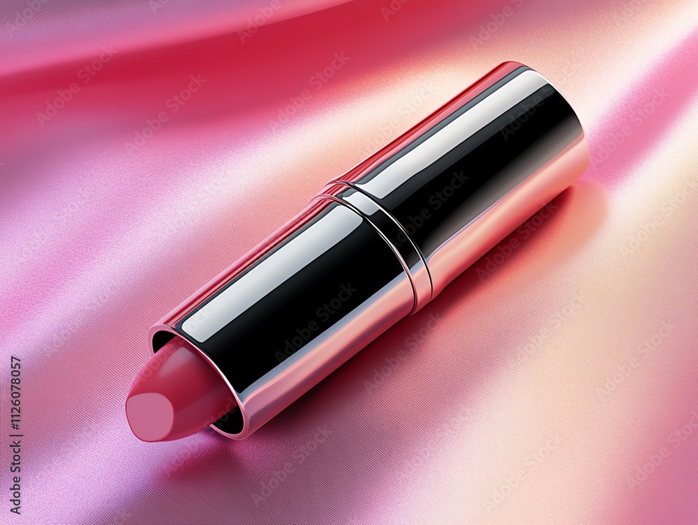 A shimmering metallic lipstick bullet on a silky satin background, with light reflections adding elegance A shimmering metallic lipstick bullet on a silky satin background, with light reflections adding elegance