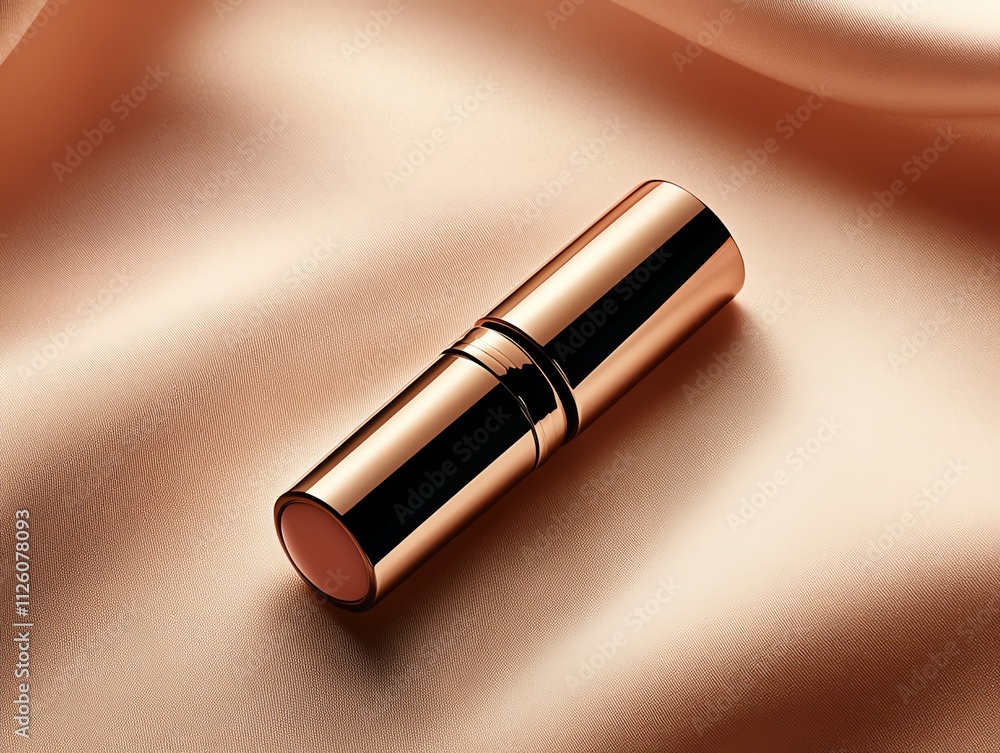 A shimmering metallic lipstick bullet on a silky satin background, with light reflections adding elegance A shimmering metallic lipstick bullet on a silky satin background, with light reflections adding elegance