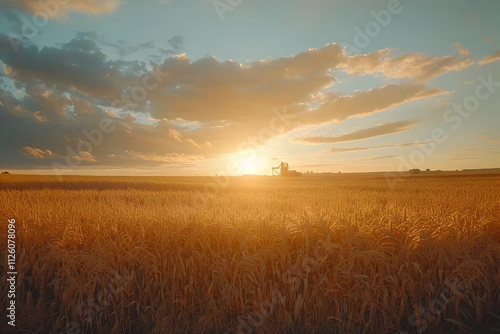 Golden Harvest Sunset: Field Machinery at Dusk