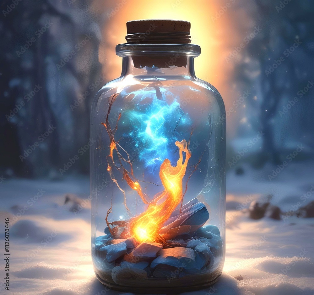 Illustration of bottle with magic spark inside. Illustration of bottle with magic spark inside.