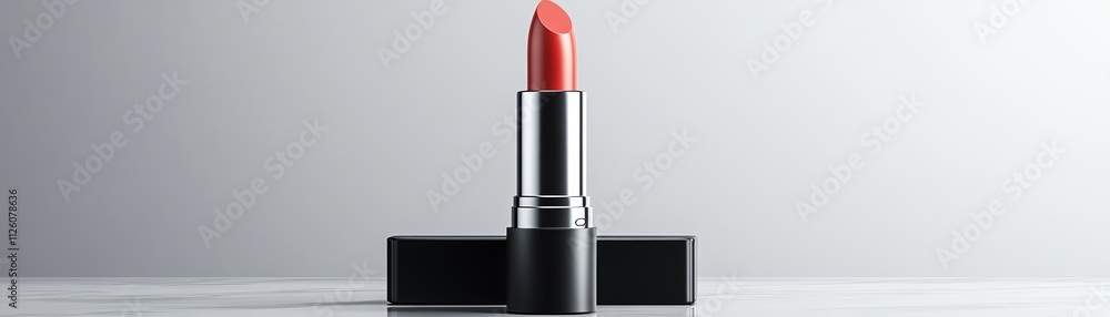 A vibrant red lipstick standing upright on a reflective marble surface