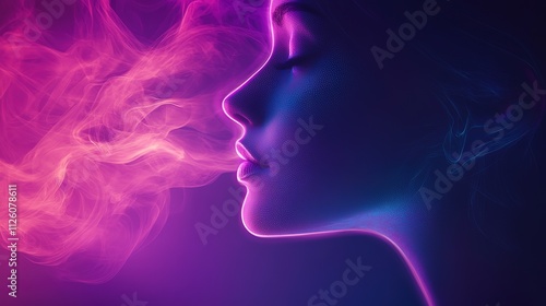 abstract digital face, science, technology, AI, artificial intelligence, neural networks, D concept, glowing, modern design, profile silhouette, colorful background, purple, blue , 8k image