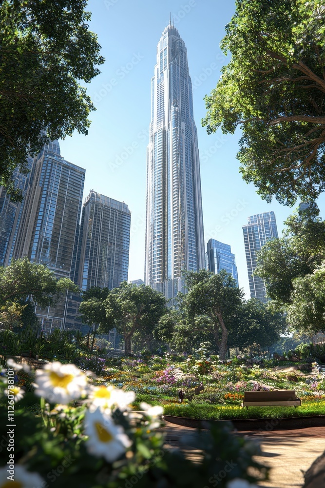 Fototapeta premium Breathtaking Skyline: Modern Skyscraper Surrounded by Lush Greenery