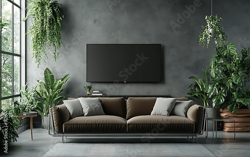 Modern living room with blank TV screen, brown sofa, plants, and concrete wall. photo