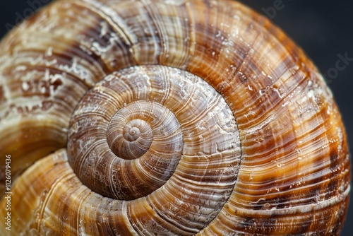 A detailed view of a spiral snail shell highlights its unique patterns and textures, set against a contrasting dark background that enhances its natural beauty.