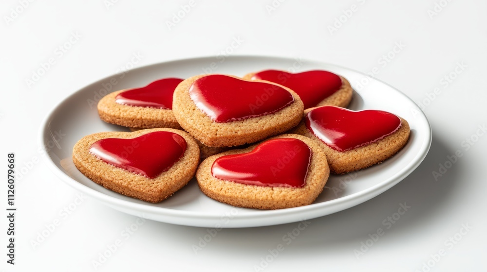 Heart-shaped cookies decorated with red icing for a Valentine's Day celebration or gathering Heart-shaped cookies decorated with red icing for a Valentine's Day celebration or gathering