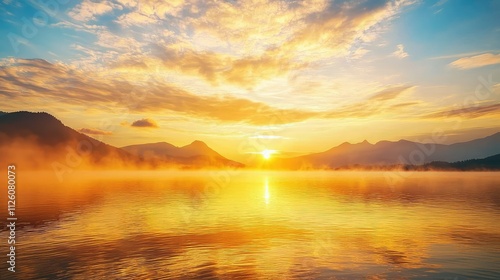 Serene Sunrise Over Misty Lake Surrounded by Mountains and Vibrant Sky Illuminated by Golden Sunlight Reflecting on Calm Water Surface