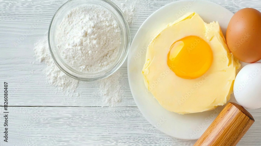 Fresh Ingredients for Baking with Flour, Eggs, and Butter on Table Fresh Ingredients for Baking with Flour, Eggs, and Butter on Table