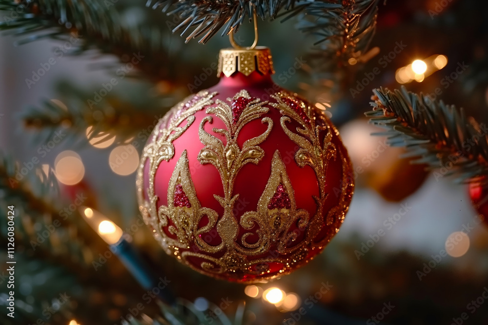 A red and gold ornament hanging from a christmas tree A red and gold ornament hanging from a christmas tree