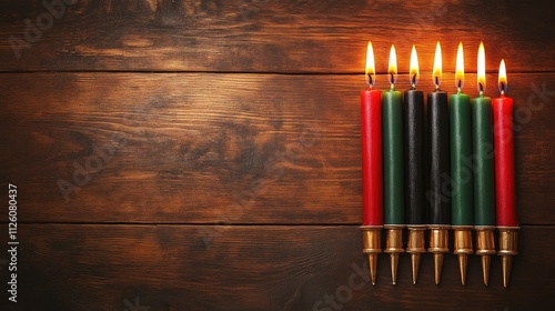 Kwanzaa festival concept with seven candles red, black and green in candlestick on wooden background,  photo