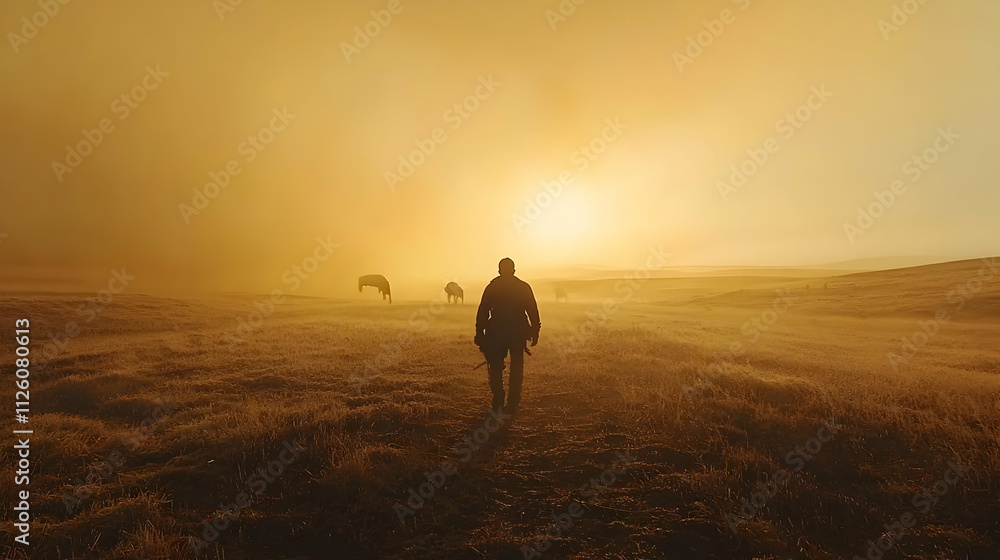 Lone Figure Walks Past Grazing Animals at Dawn Lone Figure Walks Past Grazing Animals at Dawn