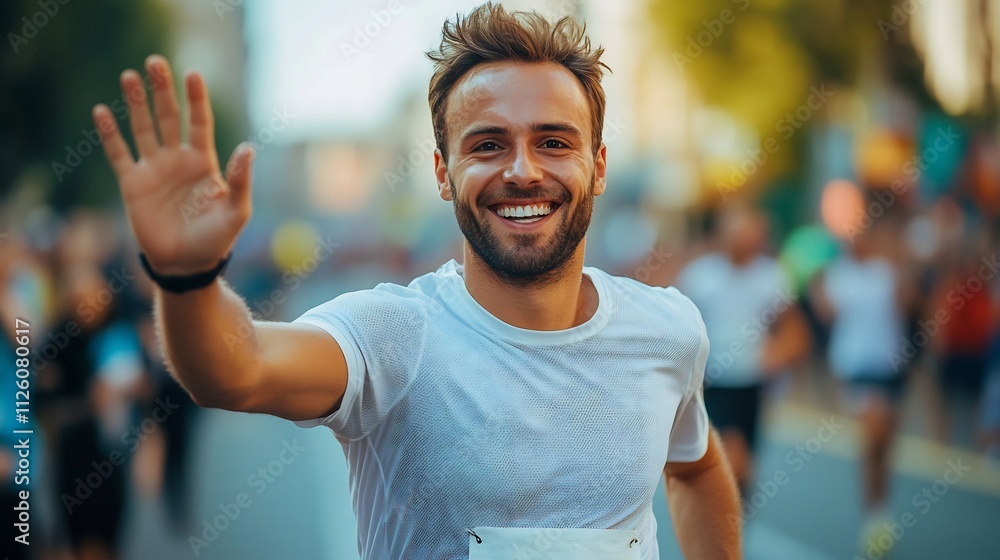 Cheerful Marathon Runner Celebrating Victory in City Street Cheerful Marathon Runner Celebrating Victory in City Street